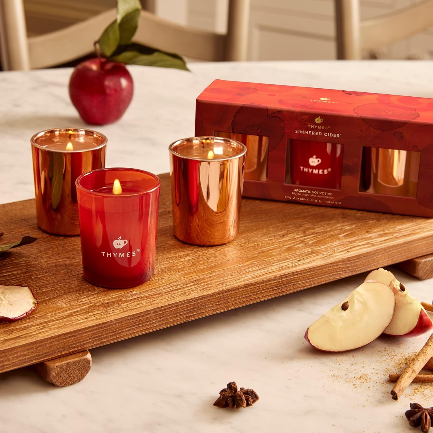 Aromatic Votive Trio – Set of Three Votive Candles – Luxury Home Fragrance – Scented Candles with Notes of Freshly Pressed Apple, Clove, & Cardamom – Red & Rose Gold (Simmered Cider, 2 Oz Each)