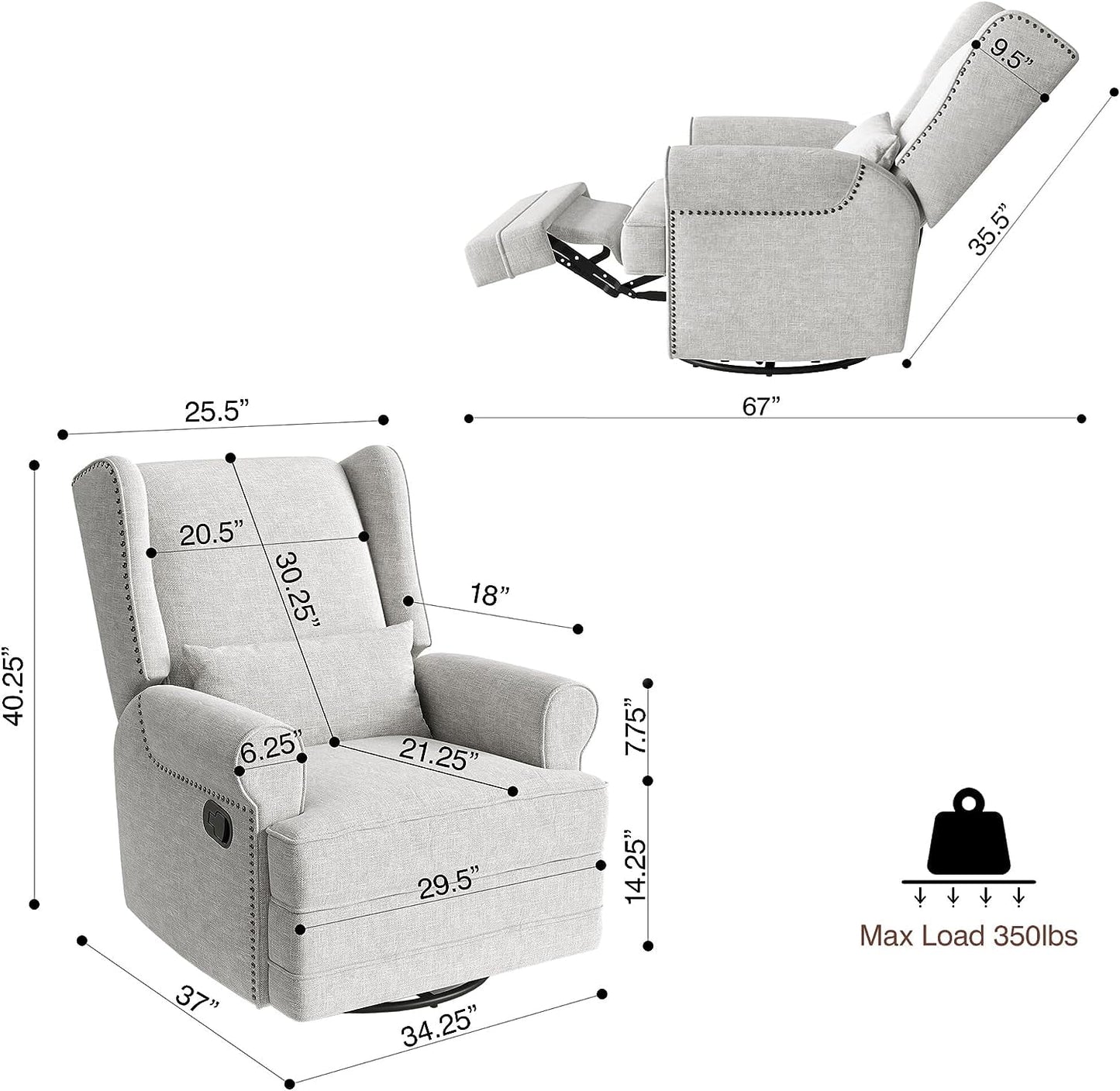 Royalcraft Swivel Recliner Glider Rocking Chair with Lumbar Pillow and Footrest, for Bedroom, Living Room, Brown
