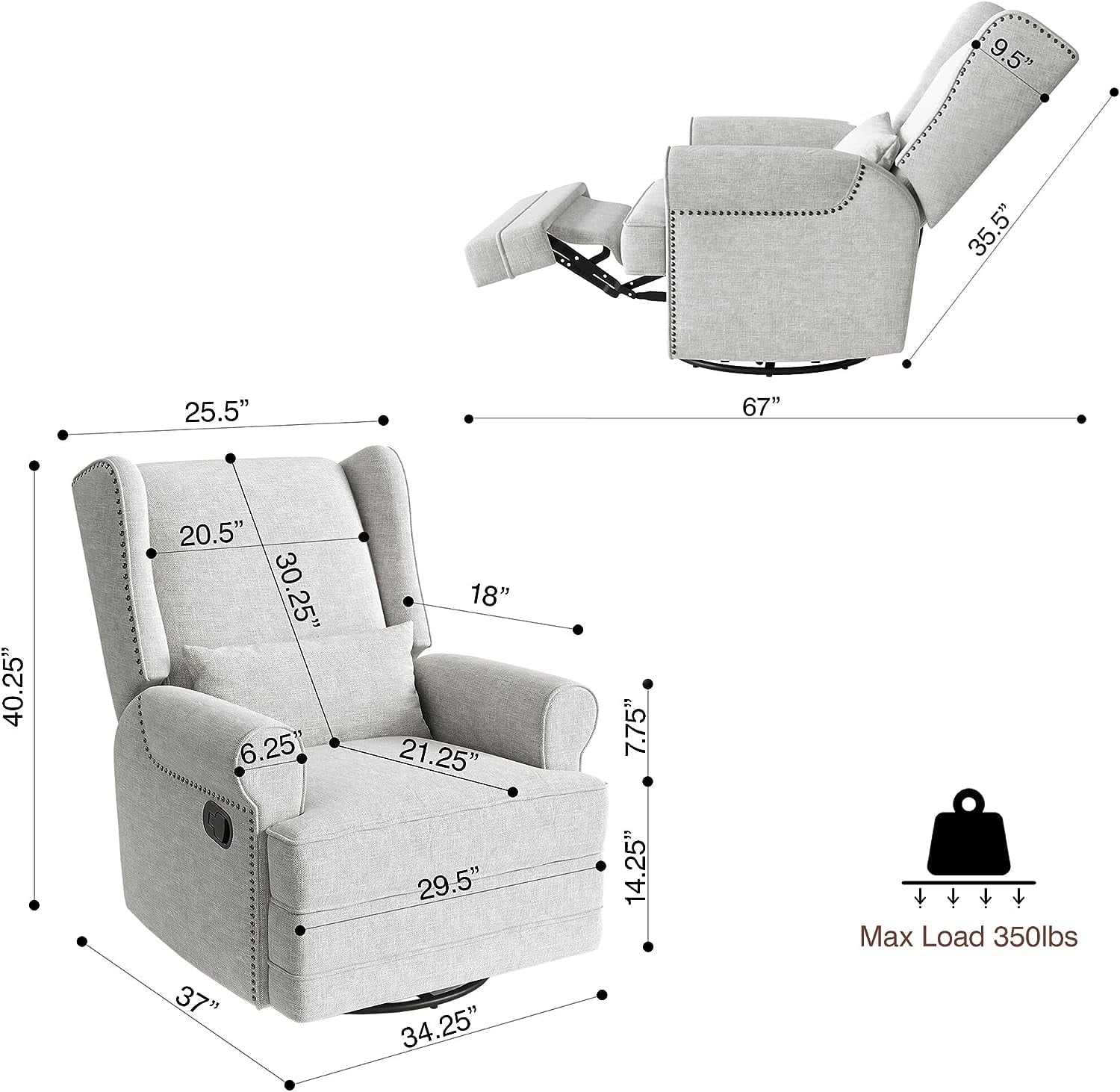 Royalcraft Swivel Recliner Glider Rocking Chair with Lumbar Pillow and Footrest, for Bedroom, Living Room, Brown