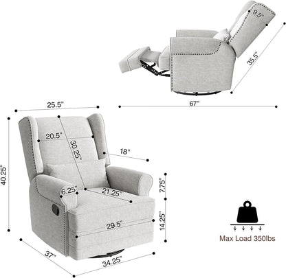 Royalcraft Swivel Recliner Glider Rocking Chair with Lumbar Pillow and Footrest, for Bedroom, Living Room, Brown