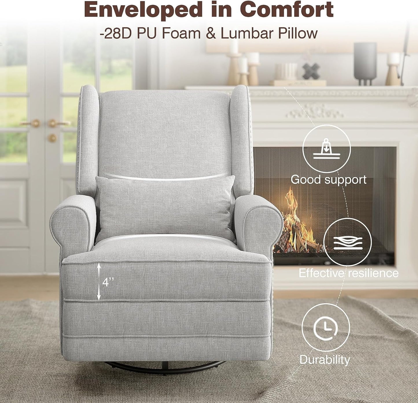Royalcraft Swivel Recliner Glider Rocking Chair with Lumbar Pillow and Footrest, for Bedroom, Living Room, Brown