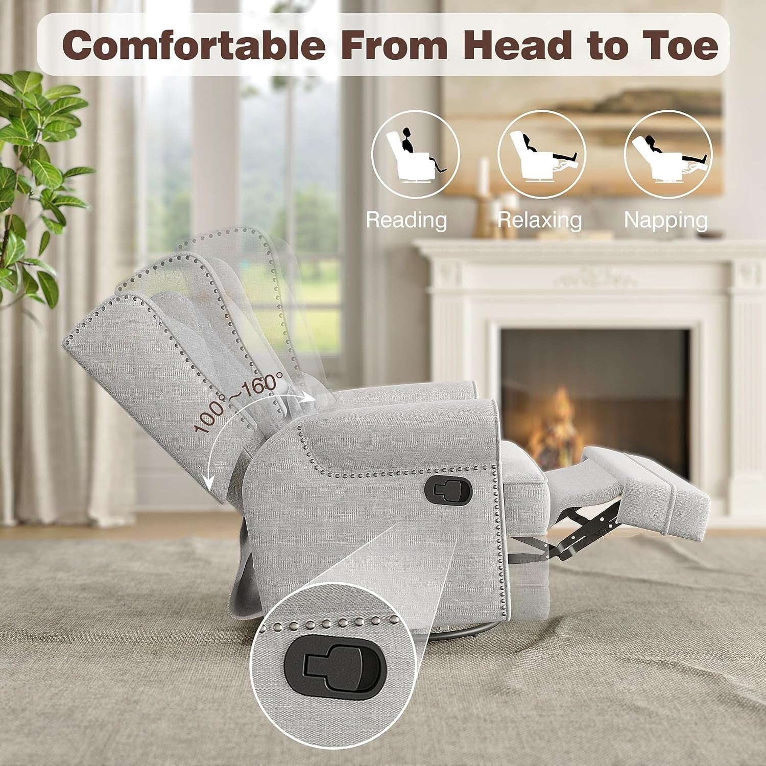Royalcraft Swivel Recliner Glider Rocking Chair with Lumbar Pillow and Footrest, for Bedroom, Living Room, Brown